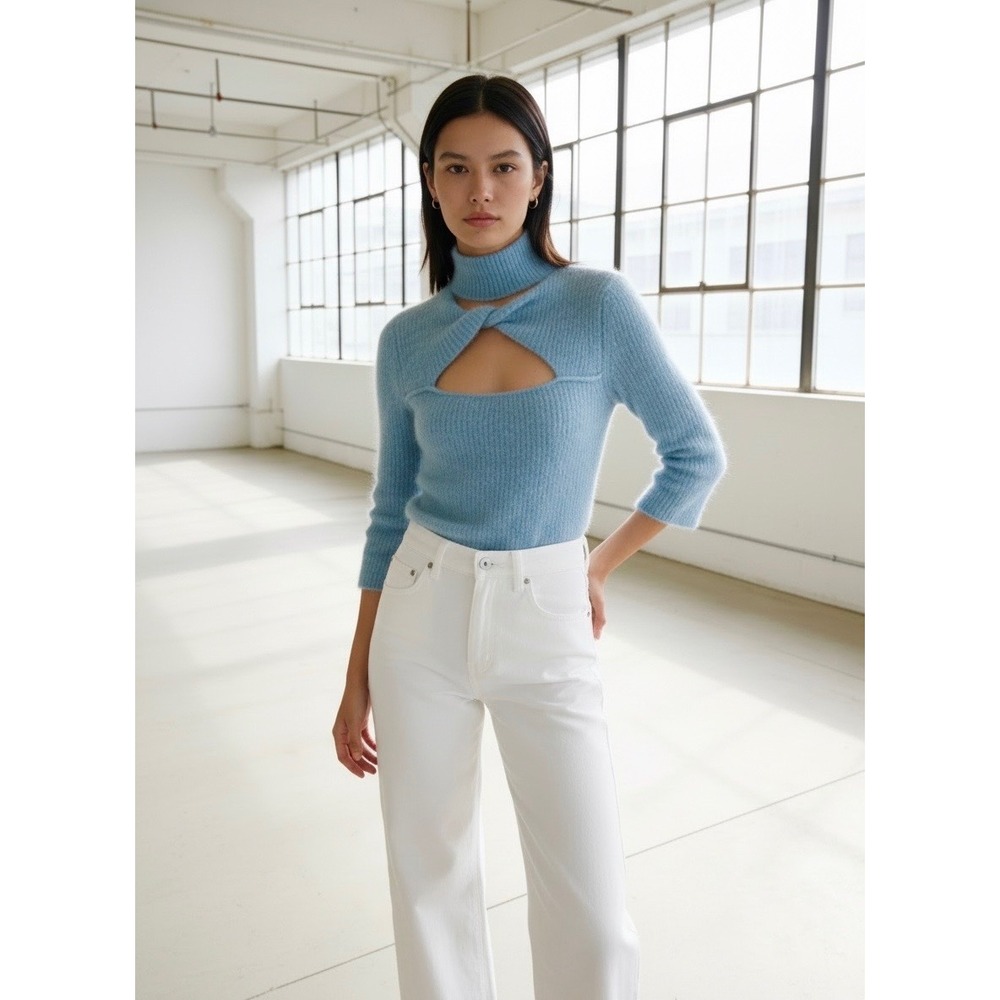 Ganni soft alpaca wool knit twist front top sweater‎ Size XS blue fuzzy ribbed